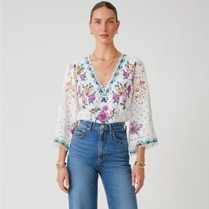 Farm Rio Bodysuit Romantic Bandannas White Purple Floral Kimono Sleeve Top XS